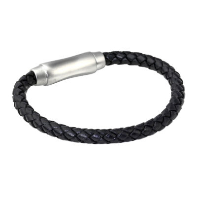 Mens Braided Black Leather Stainless Steel Bracelet