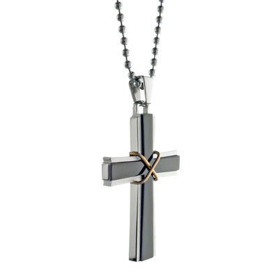 Mens Stainless Steel & Black IP Cross Pendant Necklace