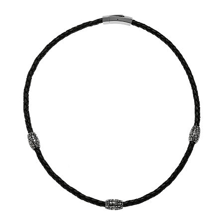 Mens Braided Black Leather Stainless Steel Necklace, One Size, Two Tone