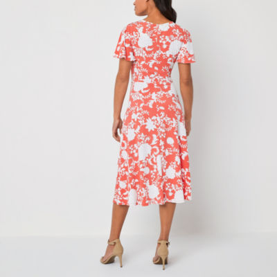 Perceptions Short Sleeve Floral Puff Print Midi Fit + Flare Dress