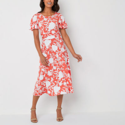 Perceptions Short Sleeve Floral Puff Print Midi Fit + Flare Dress
