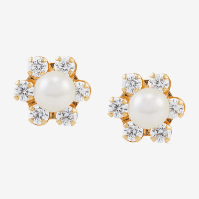 Dyed White Cultured Freshwater Pearl 14K Gold 7.4mm Flower Stud Earrings