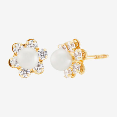 Dyed White Cultured Freshwater Pearl 14K Gold 7.4mm Flower Stud Earrings