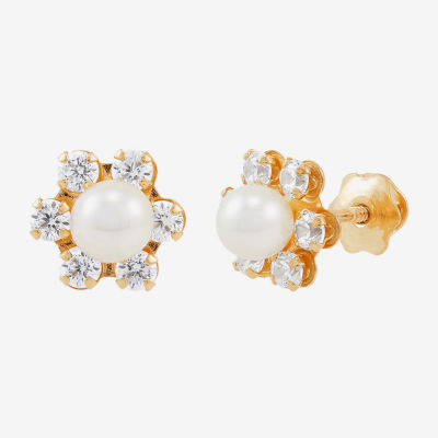 Dyed White Cultured Freshwater Pearl 14K Gold 7.4mm Flower Stud Earrings