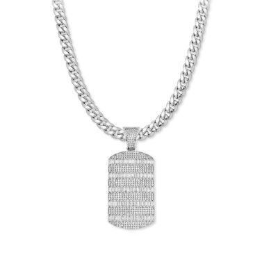 Mens Cubic Zirconia Stainless Steel Dog Tag Pendant Necklace