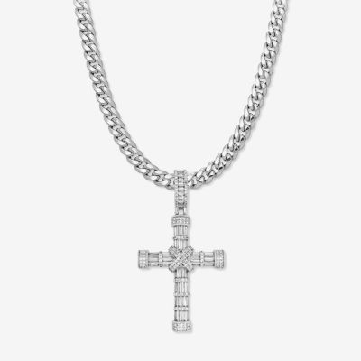 Mens Cubic Zirconia Stainless Steel Cross Pendant Necklace