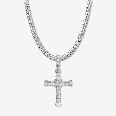 Mens Cubic Zirconia Stainless Steel Cross 26 Inch Pendant Necklace, One Size