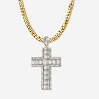 Mens Zirconia Stainless Steel Cross Pendant Necklace