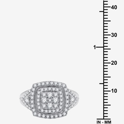 Womens 3/4 CT. T.W. Lab Grown White Diamond Sterling Silver Cushion Halo Side Stone Cocktail Ring