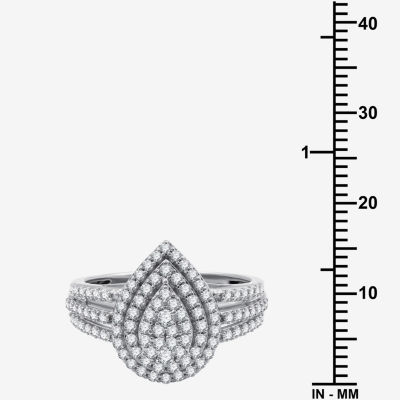 Womens 3/4 CT. T.W. Lab Grown White Diamond Sterling Silver Pear Halo Side Stone Cocktail Ring