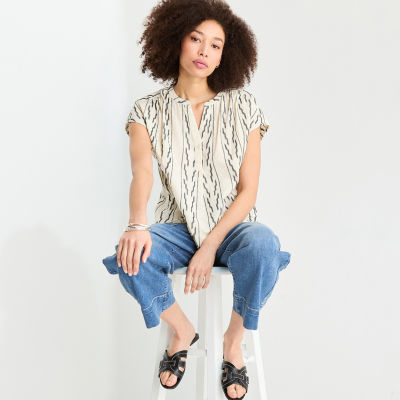 a.n.a Embroidered Womens Short Sleeve Tall Blouse