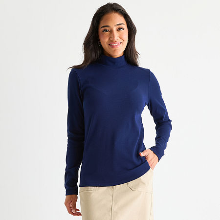 St. John's Bay Womens Tall Long Sleeve Mock Neck Top In Blue