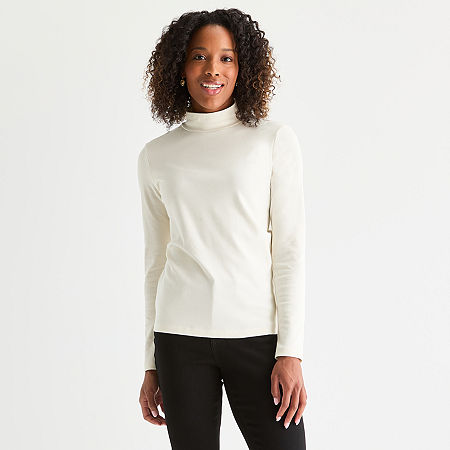 St. John's Bay Womens Tall Long Sleeve Mock Neck Top In White