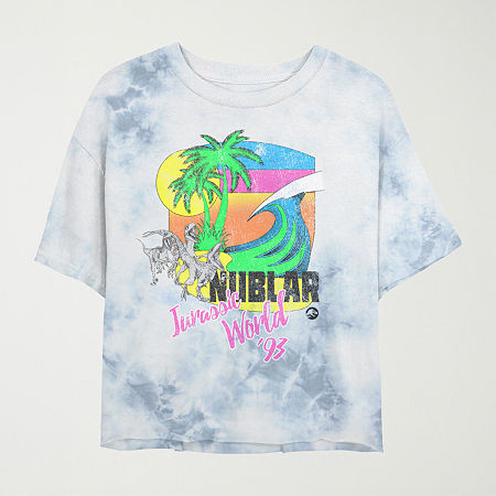 Novelty T-shirts Nublar Cropped Tee Womens Juniors Crew Neck Short Sleeve Jurassic World Graphic T-shirt In Blue