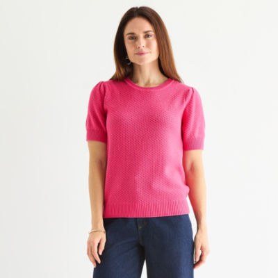 Liz Claiborne Womens Crew Neck Short Sleeve Pullover Sweater