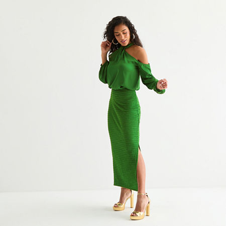 Bold Elements Womens Midi Pencil Skirt, Petite Large, Green
