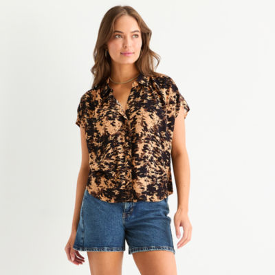 a.n.a Pleated Shoulder Womens Short Sleeve Regular Fit Button-Down Shirt