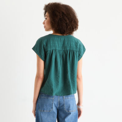 a.n.a Embroidered Womens Split Crew Neck Short Sleeve Blouse