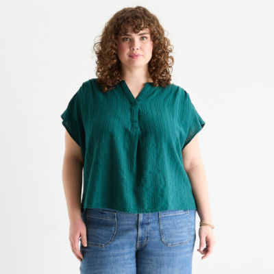 a.n.a Plus Embroidered Womens Short Sleeve Blouse