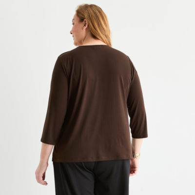 Liz Claiborne Womens Plus Easy-on + Easy-off Keyhole Neck 3/4 Sleeve Adaptive Blouse