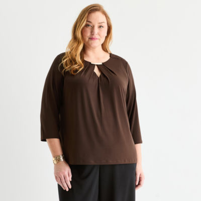 Liz Claiborne Womens Plus Easy-on + Easy-off Keyhole Neck 3/4 Sleeve Adaptive Blouse