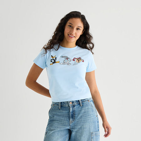 Mad Engine Looney Toons Baby Tee Womens Juniors Crew Neck Short Sleeve Fitted Looney Tunes Graphic T-shirt In Blue