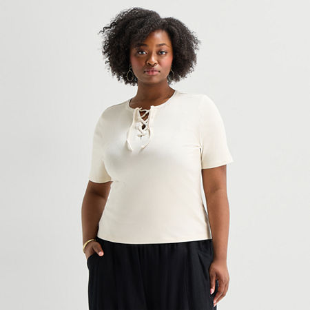 a.n.a Womens Plus Split Tie Neck Short Sleeve T-Shirt, 2x, Beige