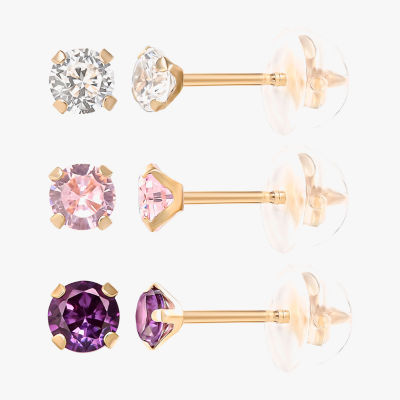 Girls Multi Color Cubic Zirconia 14K Gold Round 3 Pair Earring Set