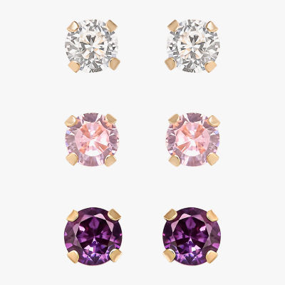 Girls Multi Color Cubic Zirconia 14K Gold Round 3 Pair Earring Set