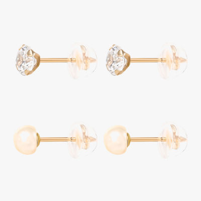 White Cubic Zirconia 14K Gold Round 2 Pair Earring Set