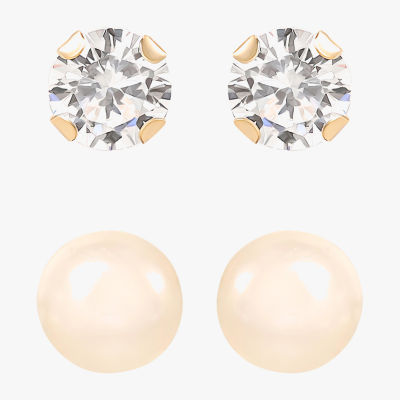 White Cubic Zirconia 14K Gold Round 2 Pair Earring Set