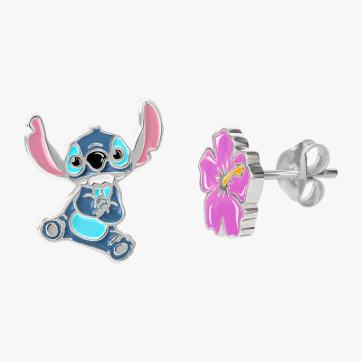 Disney Collection Sterling Silver 12.8mm Flower Lilo & Stitch Stitch Stud Earrings