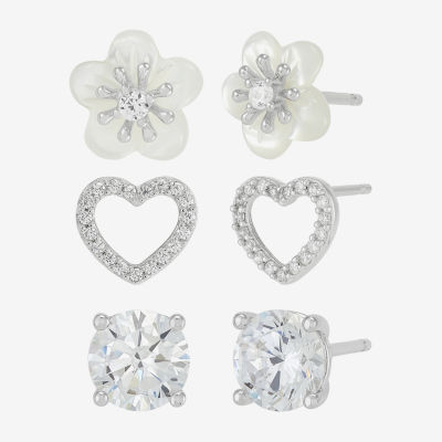 Diamonart White Cubic Zirconia Sterling Silver Heart 3 Pair Earring Set