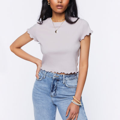 Forever 21 Lettuce Edge Womens Crew Neck Short Sleeve Crop Top Juniors