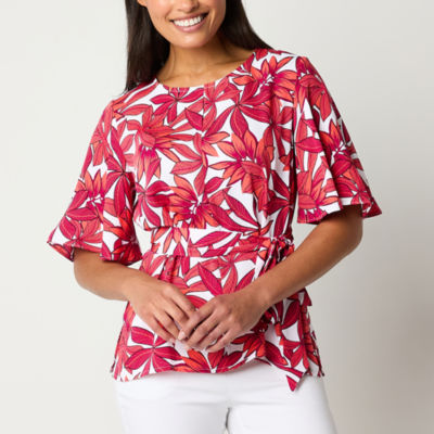 Liz Claiborne Womens Round Neck Elbow Sleeve Blouse