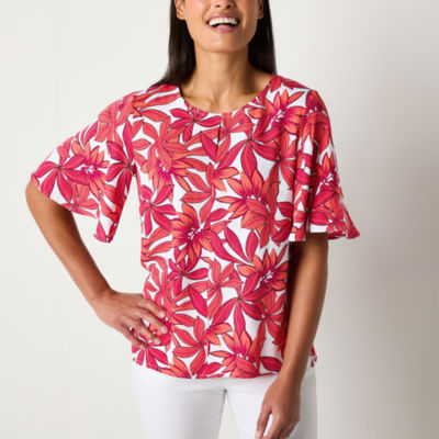 Liz Claiborne Womens Round Neck Elbow Sleeve Blouse