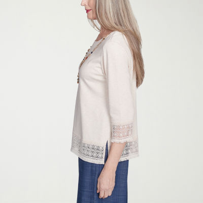 Alfred Dunner Summer Solstice Womens Crew Neck 3/4 Sleeve T-Shirt