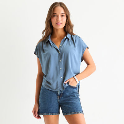 a.n.a Pleated Shoulder Womens Short Sleeve Regular Fit Button-Down Shirt