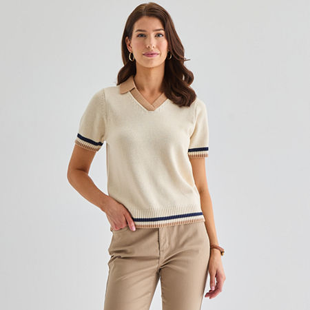 St. John's Bay Womens V Neck Short Sleeve Pullover Sweater, Xx-large, White