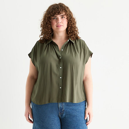 a.n.a Pleated Shoulder Womens Short Sleeve Plus Blouse, 3x, Green