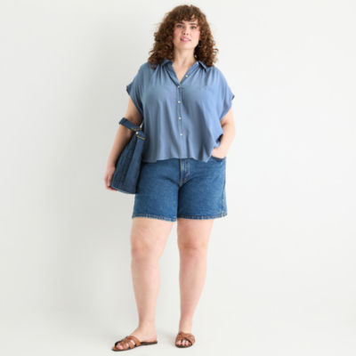 a.n.a Pleated Shoulder Womens Plus Short Sleeve Blouse