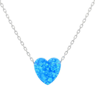 Womens Lab Created Blue Opal Sterling Silver Heart 18 Inch Pendant Necklace