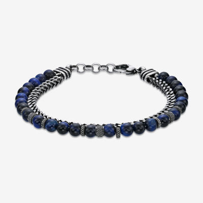 Blue Tiger's Eye Gray Stainless Steel Beaded Bracelet