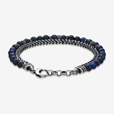 Blue Tiger's Eye Gray Stainless Steel Beaded Bracelet