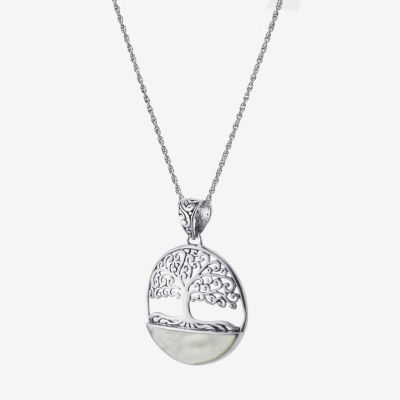 Tree Of Life Womens White Mother Of Pearl Sterling Silver Round Pendant Necklace