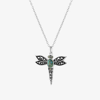 Dragon Fly Womens Enhanced Blue Turquoise Sterling Silver Pendant Necklace