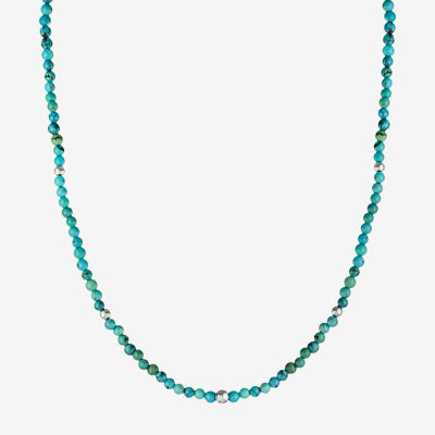 Womens Enhanced Blue Turquoise Sterling Silver Beaded Necklace