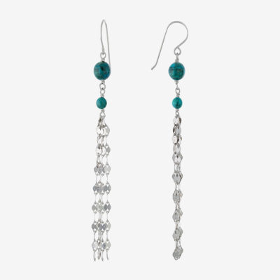 Womens Enhanced Blue Turquoise Sterling Silver Round Drop Earrings