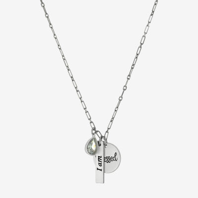 Diamonart "I Am Blessed" Womens Cubic Zirconia Sterling Silver Pear Round 16 Inch Pendant Necklace