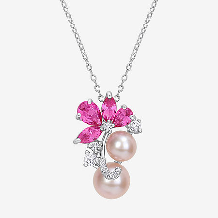 Womens Pink Cultured Freshwater Pearl Sterling Silver Flower Pendant Necklace, One Size